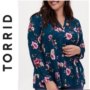 Torrid Harper Flowy Deep Teal and Pink Floral Flowy Spring Button Down Blouse